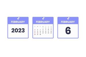 February calendar design. February 6 2023 calendar icon for schedule, appointment, important date concept vector