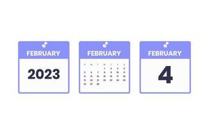 February calendar design. February 4 2023 calendar icon for schedule, appointment, important date concept vector