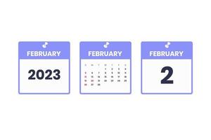 February calendar design. February 2 2023 calendar icon for schedule, appointment, important date concept vector