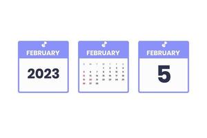 February calendar design. February 5 2023 calendar icon for schedule, appointment, important date concept vector