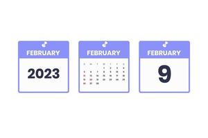 February calendar design. February 9 2023 calendar icon for schedule, appointment, important date concept vector