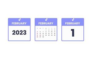 February calendar design. February 1 2023 calendar icon for schedule, appointment, important date concept vector