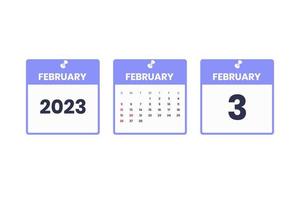 February calendar design. February 3 2023 calendar icon for schedule, appointment, important date concept vector