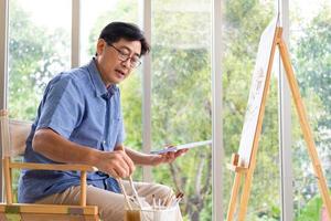 Indoor shot of Senior Asian man sit and painting picture on easel inside of the house. Leisure activity for elderly for relaxation,  happy retirement lifestyle concept. photo