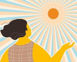 A tan skin woman under the sunshine for get more vitamin D from the sun light, healthy lifestyle concept. flat vector illustration.