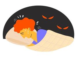 A boy is asleep and get nightmare and sleep paralysis. Sleep Paralysis concept, flat vector illustration.