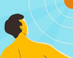 un hombre de piel bronceada bajo el sol para obtener más vitamina d de la luz solar, concepto de estilo de vida saludable. ilustración vectorial plana. vector