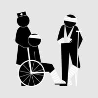 Patients on wheelchair and patient standing with nurse, bandage on head, leg and hand. flat vector illustration.