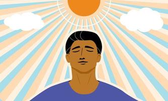 A tan skin man under the sunshine for get more vitamin D from the sun light, healthy lifestyle concept. flat vector illustration.