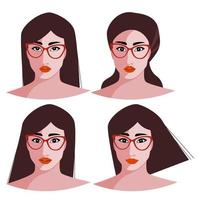 Face of womans, they wear a red cateye glasses with different emotion, flat vector illustration.