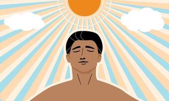 un hombre de piel bronceada bajo el sol para obtener más vitamina d de la luz solar, concepto de estilo de vida saludable. ilustración vectorial plana. vector