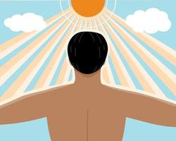Behind view tan skin man under the sunshine for get more vitamin D from the sun light, healthy lifestyle concept. flat vector illustration.