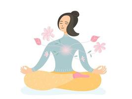 A woman sitting and meditating with peace of mind on white background. Mental health and emotional self care concept, flat vector illustration.