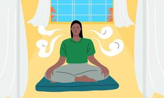 Woman doing meditation at home and breathing exercise, self love concept. flat vector illustration.