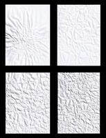 Set of blank white glued paper for poster texture overlay. Crumpled and wrinkled pattern for background. Collection of matted wet paper for mockup posters, flyer, brochure, and banner design photo