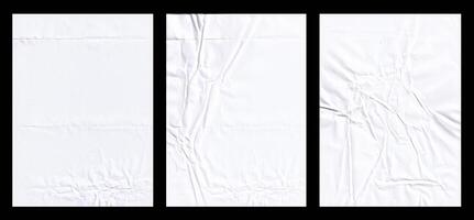 Set of blank white glued paper for poster texture overlay. Crumpled and wrinkled pattern for background. Collection of matted wet paper for mockup posters, flyer, brochure, and banner design photo