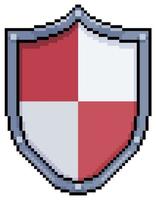 Pixel art shield, red and white shield vector icon for 8bit game on white background