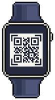 Pixel art smartwatch with QR code vector icon for 8bit game on white background