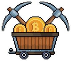 Pixel art cart with bitcoin and pickaxes vector icon for 8bit game on white background