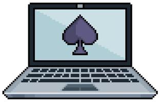 Pixel art laptop with ace of spades icon, open laptop vector icon for 8bit game on white background