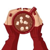 taza roja de cacao con malvaviscos en manos femeninas, vista superior. ilustración plana aislada sobre fondo blanco. vector