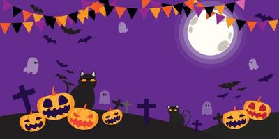 banner de feliz halloween o fondo de invitación de fiesta con nubes nocturnas y calabazas en estilo plano.color de halloween de bandera. ilustración vectorial luna llena en el cielo y murciélagos voladores. vector