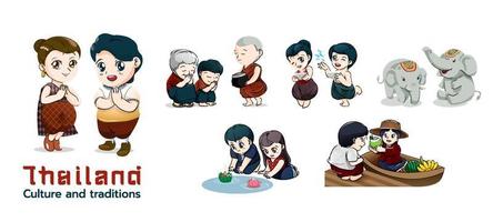 conjunto de cultura y tradiciones tailandesas ilustración de vector plano de personaje de dibujos animados aislado en blanco