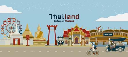 Set of thailnd building and constructions travel by bicycle tuktuk element flat vector illustration.