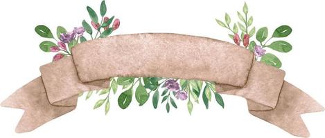 Watercolor beige rolled ribbons with flowers. beige abstract ribbons banners green leaves. vector