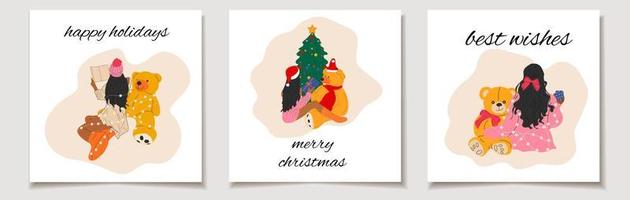 Christmas vector gift card or tag set Girls that are sits with a teddy bear wrapped in a garland near the Christmas tree merry christmas lettering, best wishes.