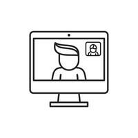 Video conference line icon, people working from home on their computers communicating with their colleagues on online server with digital files on modern black lines vector