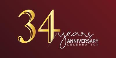 34th anniversary celebration logotype number gold color with red color background. vector anniversary for celebration, invitation card, and greeting card