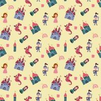 Seamless pattern with princess, prince, castle and dragon. Design for fabric, textile, wallpaper, packaging. vector