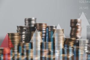 Banking Finance Investment Business Concept. Double exposure image of bank or coin money and graph chart with city background. Account management diagram with market growth statistics. economy datum. photo