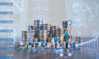 Banking Finance Investment Business Concept. Double exposure image of bank or coin money and graph chart with city background. Account management diagram with market growth statistics. economy datum. photo