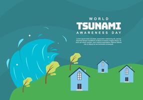 fondo del día mundial de concientización sobre tsunamis con olas y casas. vector