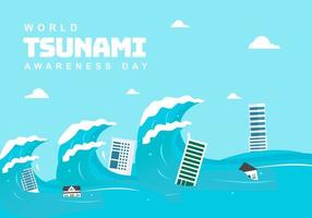 antecedentes del día mundial de concientización sobre tsunamis con edificios y olas. vector