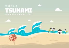 fondo del día mundial de concientización sobre tsunamis con olas y casas. vector