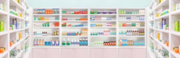 pharmacy drugstore shelves blur pharmaceutical medicine product panoramic background photo