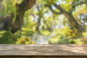 Empty wood table top with abstract blur park garden pond background photo