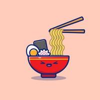 Ilustración de icono de vector de dibujos animados de fideos ramen lindo. concepto de icono de comida vector premium aislado. estilo de dibujos animados plana