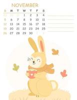 November children's vertical calendar for 2023 with an illustration of a cute rabbit in a scarf with a cup of cocoa. 2023 is the year of the rabbit. Vector autumn illustration calendar page.