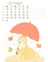 October children's vertical calendar for 2023 with an illustration of a cute rabbit with a red umbrella. 2023 is the year of the rabbit. Vector autumn illustration calendar page.