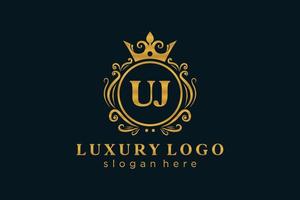 Initial UJ Letter Royal Luxury Logo template in vector art for Restaurant, Royalty, Boutique, Cafe, Hotel, Heraldic, Jewelry, Fashion and other vector illustration.