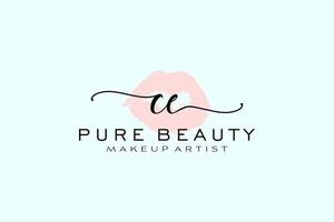 diseño de logotipo prefabricado de labios de acuarela ce inicial, logotipo para la marca comercial de maquilladores, diseño de logotipo de boutique de belleza rubor, logotipo de caligrafía con plantilla creativa. vector