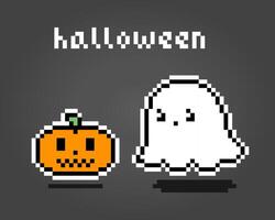 Fantasma de píxeles de 8 bits. lindo fantasma y calabaza en ilustración vectorial. vector