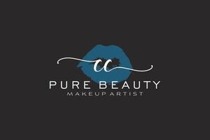 diseño de logotipo prefabricado inicial de labios de acuarela cc, logotipo para marca comercial de artista de maquillaje, diseño de logotipo de boutique de belleza rubor, logotipo de caligrafía con plantilla creativa. vector