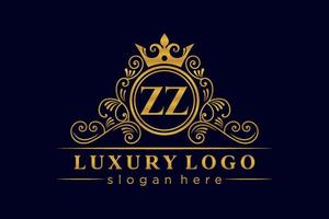 ZZ Initial Letter Gold calligraphic feminine floral hand drawn heraldic monogram antique vintage style luxury logo design Premium Vector