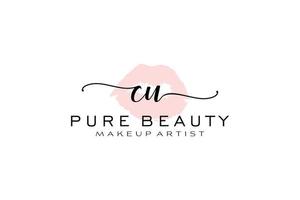 Initial CU Watercolor Lips Premade Logo Design, Logo for Makeup Artist Business Branding, Blush Beauty Boutique Logo Design, Calligraphy Logo with creative template. vector