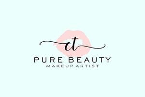 Initial CT Watercolor Lips Premade Logo Design, Logo for Makeup Artist Business Branding, Blush Beauty Boutique Logo Design, Calligraphy Logo with creative template. vector